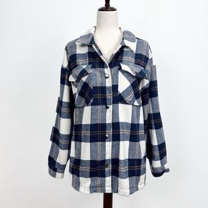 HFX Flannel Shirt Jacket Womens L Blue Plaid Snap Up Shacket Outdoor Barn‎ Chore